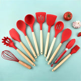 Utensilíos de Silicone - 12Pcs em Cabo de Madeira