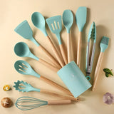 Utensilíos de Silicone - 12Pcs em Cabo de Madeira